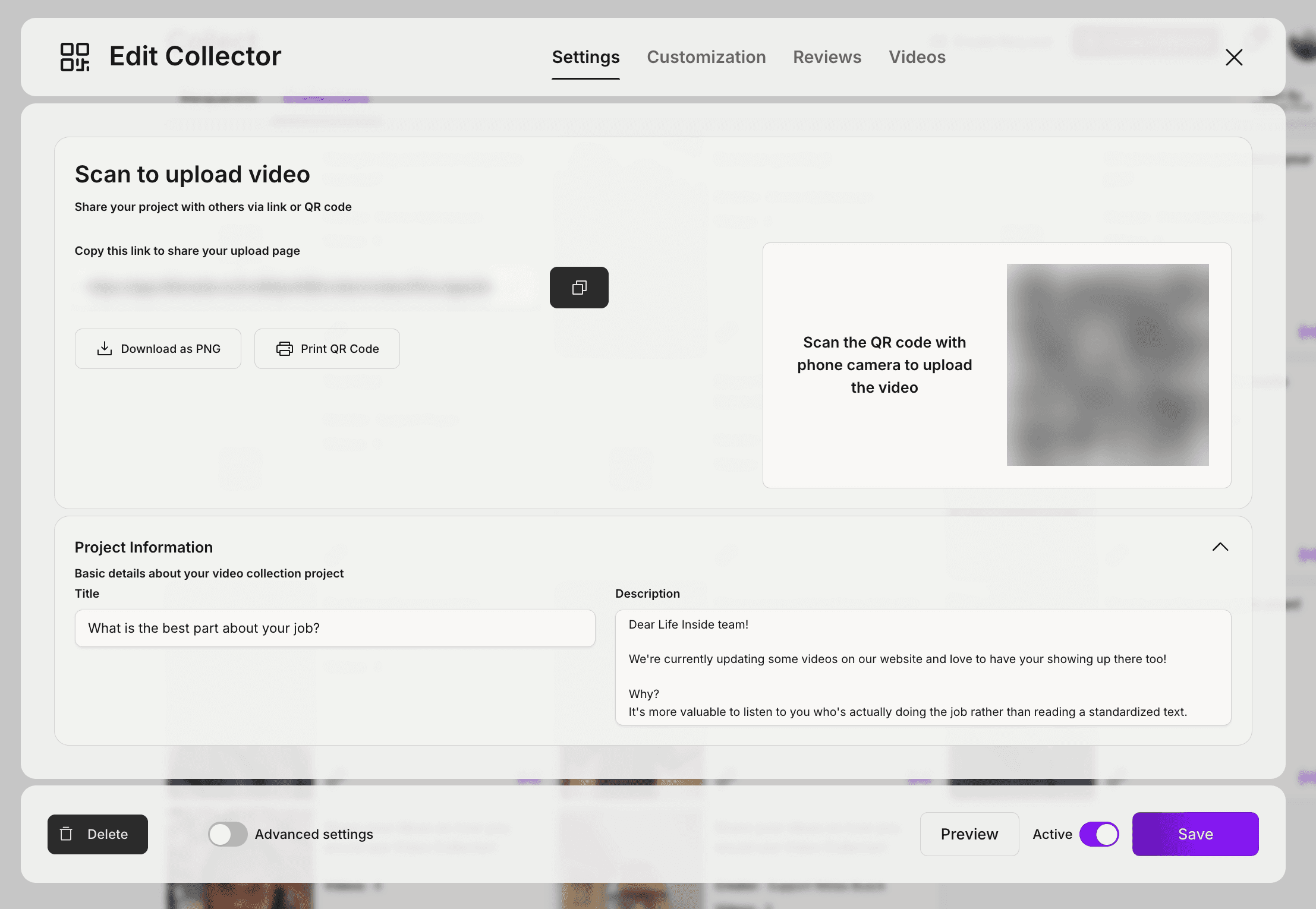 The video collector in Life Inside, with a shareable upload link and QR code (blurred)