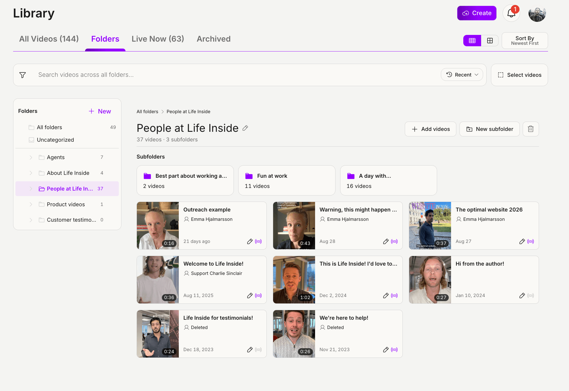 The Life Inside video library with folders and team videos